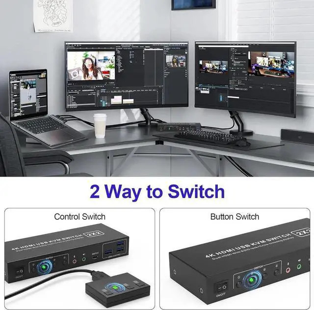 Alt view image 5 of 7 - Vszerda 2 Port Dual Monitor HDMI KVM Switch 4K@60Hz USB 3.0, Cross Display Supported, with 3 USB 3.0 Ports & Audio Jack for 2 PCs Share 2 Displays