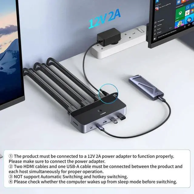 Alt view image 3 of 7 - UGREEN 2x2 Dual Monitor HDMI KVM Switch 4K@60Hz, 4 USB 3.0 Ports for 2 PCs Share 2 Displays Keyboard Mouse Printer, Full Accessories with 4 HDMI Cables, 2 USB Cables, Power Adapter & Switch Controller