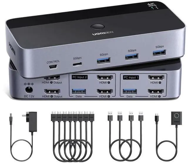 Main image of UGREEN 2x2 Dual Monitor HDMI KVM Switch 4K@60Hz, 4 USB 3.0 Ports for 2 PCs Share 2 Displays Keyboard Mouse Printer, Full Accessories with 4 HDMI Cables, 2 USB Cables, Power Adapter & Switch Controller