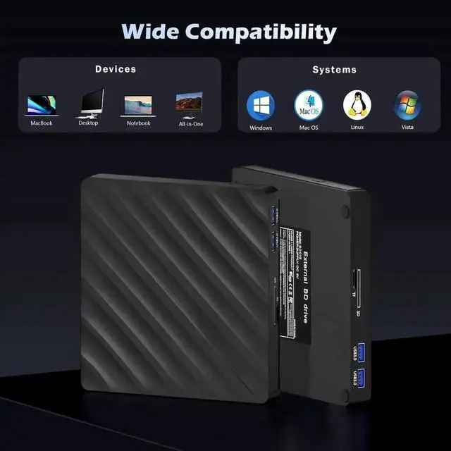 Alt view image 7 of 7 - Vszerda 5 in 1 Slim External Blu Ray Burner USB3.0 Type-C Optical Drive with SD TF Card Reader & 2 USB Hubs Compatible with Windows XP/7/8/10 Mac OS MacBook Laptop Desktop PC