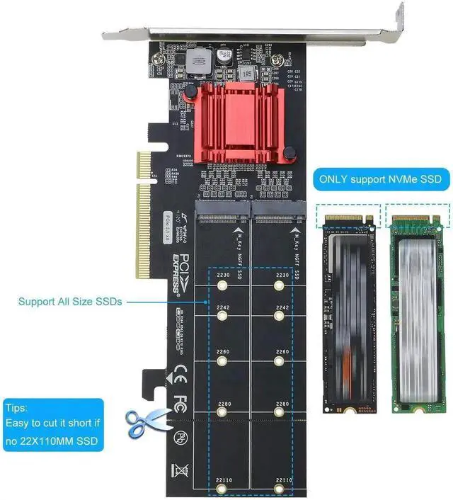 Alt view image 3 of 5 - Vszerda Dual M.2 NVMe PCIe 3.1 Expansion Adapter Card, PCI-E X8/X16 to 2-Port M Key NVMe SSD Converter, Support 2230/2242/2260/2280/22110 Size NGFF Drives