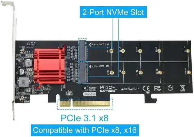 Alt view image 4 of 5 - Vszerda Dual M.2 NVMe PCIe 3.1 Expansion Adapter Card, PCI-E X8/X16 to 2-Port M Key NVMe SSD Converter, Support 2230/2242/2260/2280/22110 Size NGFF Drives