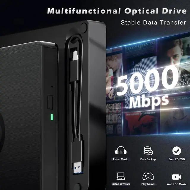 Alt view image 3 of 7 - Vszerda Portable External Blu Ray Drive, USB 3.0 & Type-C BD Reader Writer, 3D Blu-ray CD DVD Burner, Compatible with Windows 10 & Mac OS for PC Laptop