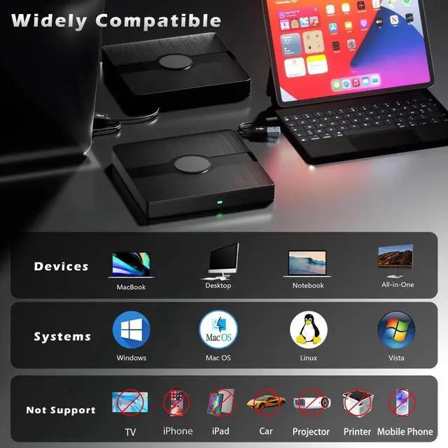 Alt view image 6 of 7 - Vszerda Portable External Blu Ray Drive, USB 3.0 & Type-C BD Reader Writer, 3D Blu-ray CD DVD Burner, Compatible with Windows 10 & Mac OS for PC Laptop
