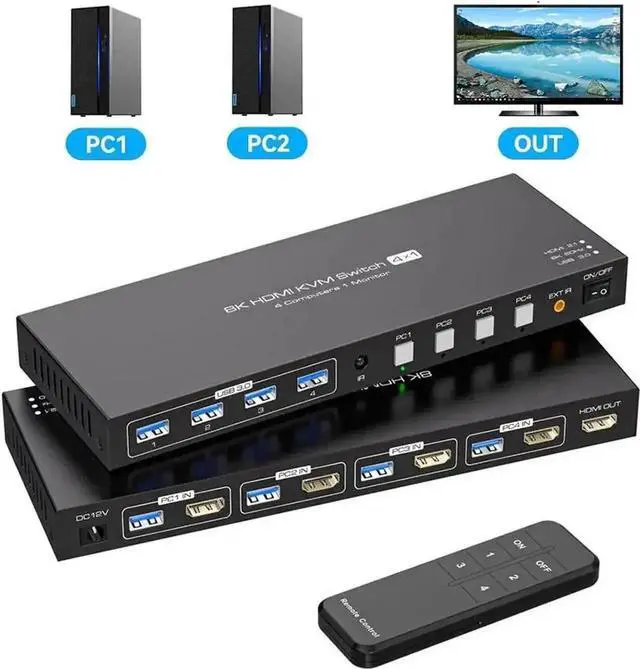 Main image of Vszerda 4 Port HDMI USB3.0 KVM Switch 8K@60Hz/4K@120Hz, 4-In-1-Out Single Monitor KVM Switch for 4 PCs, With 4 USB Cables & Wireless Remote Controller