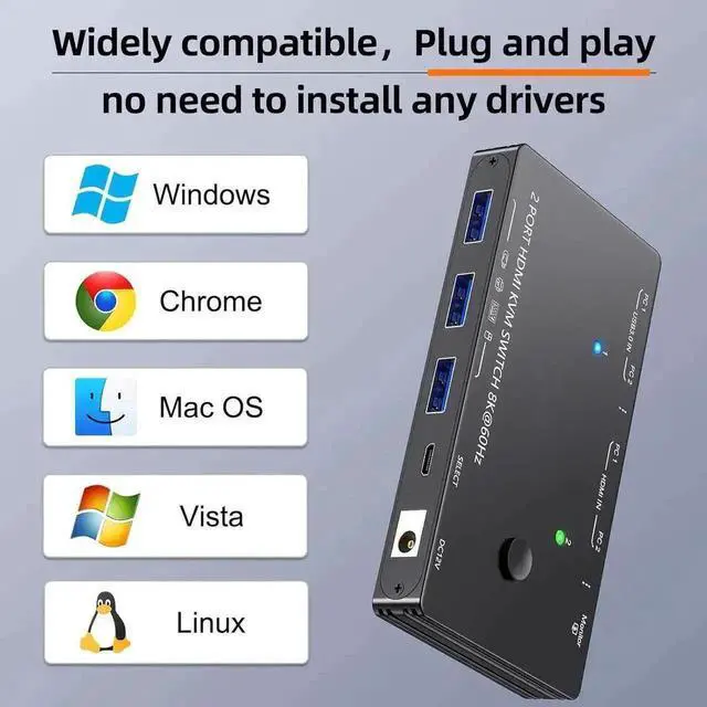 Alt view image 5 of 7 - Vszerda 2 Port HDMI 2.1 USB3.0 KVM Switch 8K@60Hz/4K@120Hz, HDCP 2.3 & HDR10, With Wired Remote, 12V Power Adapter & 2 USB3.0 Cables for 2 PCs Sharing 1 Monitor & 3 USB Devices