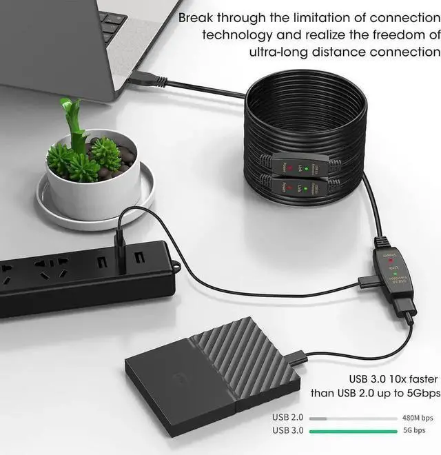 Alt view image 4 of 7 - Vszerda USB 3.0 Extension Cable 100 FT, USB 3.0 Extender Male to Female Cord with Compatible with Oculus Quest 2, Rift Sensor, Steam VR, Gaming PC, Printer 100 ft.