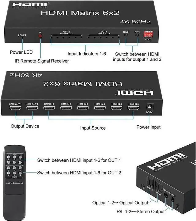 Alt view image 2 of 7 - HDMI 2.0 6x2 Matrix Switch Splitter, 6 in 2 Out HDMI Video Switcher with Optical SPDIF + 3.5mm Audio Extractor & IR Remote, Supports 4K@60Hz 18Gbps HDR RGB/YUV 4:4:4, Independent Dual Display Output