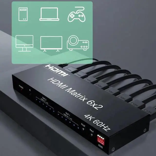Alt view image 3 of 7 - HDMI 2.0 6x2 Matrix Switch Splitter, 6 in 2 Out HDMI Video Switcher with Optical SPDIF + 3.5mm Audio Extractor & IR Remote, Supports 4K@60Hz 18Gbps HDR RGB/YUV 4:4:4, Independent Dual Display Output