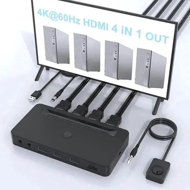 Main image of Vszerda 4-Port Single HDMI KVM Switch 4K, 3 USB Ports & Dual 3.5mm Audio Jacks, 4 HDMI Cables + Remote Controller Included