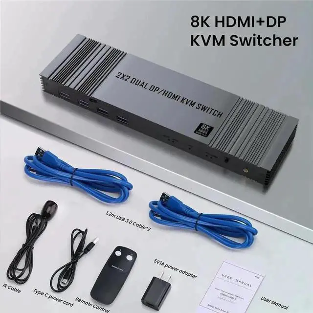 Alt view image 2 of 7 - Vszerda 2x2 HDMI DP Dual Monitor KVM Switch, 8K/4K@144Hz, 2 In 2 Out for 2 PCs & 2 Displays