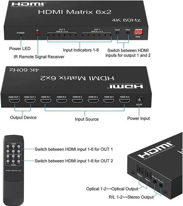 Alt view image 4 of 7 - Vszerda 6x2 HDMI 2.0 Matrix Switch Splitter, 6 In 2 Out HDMI Matrix with Audio Extractor & IR Remote, Support 4K@60Hz HDR RGB/YUV 4:4:4, SPDIF Optical + 3.5mm Audio Output