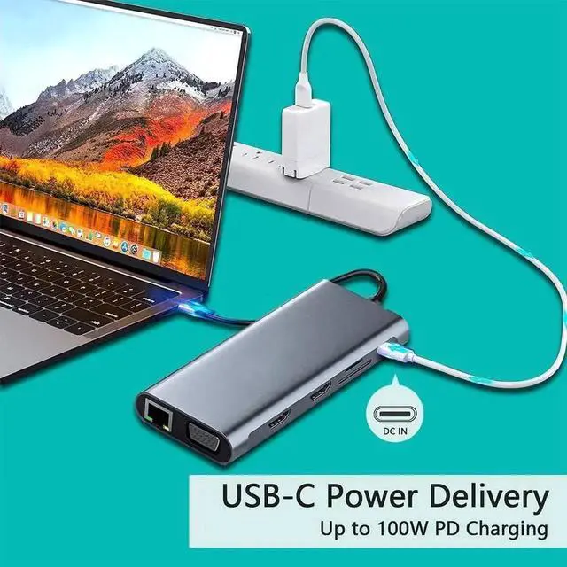 Alt view image 6 of 6 - Vszerda 12-in-1 USB 3.1 Type-C Docking Station, Triple Display Multiport Hub Dual 4K HDMI + VGA, 100W PD Charging, Gigabit Ethernet, USB3.0, SD TF Card Reader for MacBook & Windows USB-C Laptops