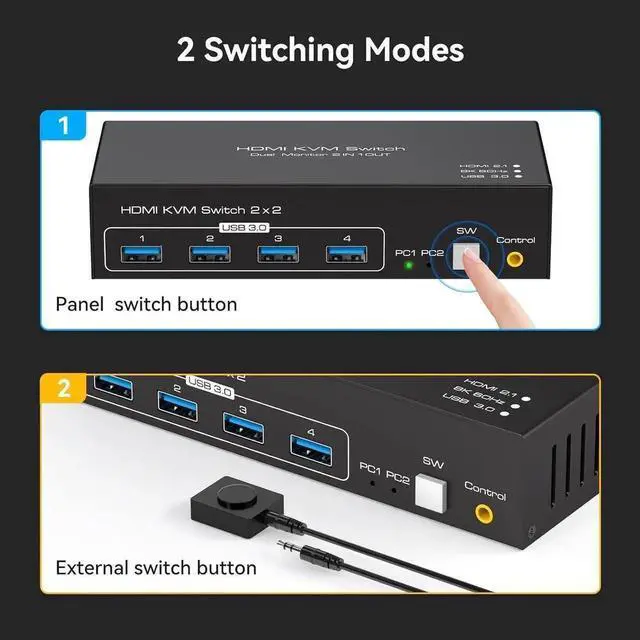Alt view image 4 of 7 - Vszerda Dual Monitor HDMI KVM Switch 2 Computers, 8K@60Hz 4K@120Hz USB 3.0 KVM Switcher with 4 USB Ports, Wired Remote, 12V Power Adapter & 2 USB Cables