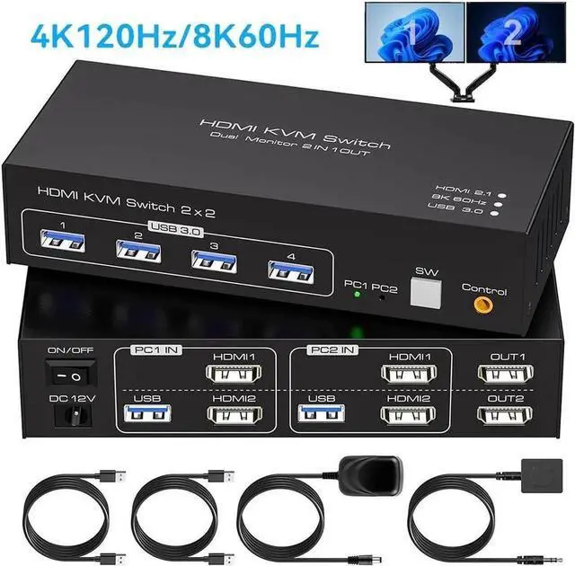 Main image of Vszerda Dual Monitor HDMI KVM Switch 2 Computers, 8K@60Hz 4K@120Hz USB 3.0 KVM Switcher with 4 USB Ports, Wired Remote, 12V Power Adapter & 2 USB Cables