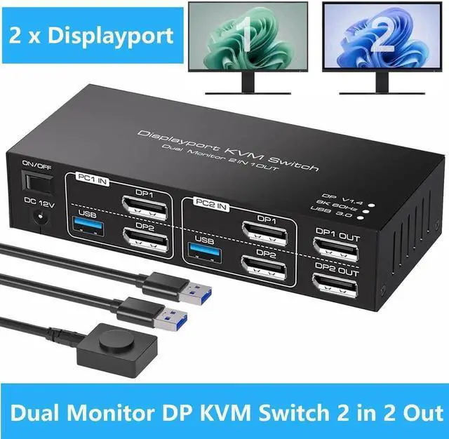 Main image of Vszerda 2 In 2 Out DP 1.4 Dual Monitor KVM Switch, USB 3.0 DisplayPort KVM Switch for 2 Computers, 8K@60Hz 4K@144Hz with 4 USB 3.0 Ports