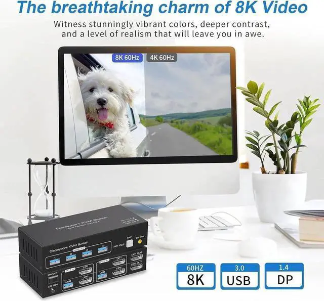 Alt view image 2 of 7 - Vszerda 2 In 2 Out DP 1.4 Dual Monitor KVM Switch, USB 3.0 DisplayPort KVM Switch for 2 Computers, 8K@60Hz 4K@144Hz with 4 USB 3.0 Ports