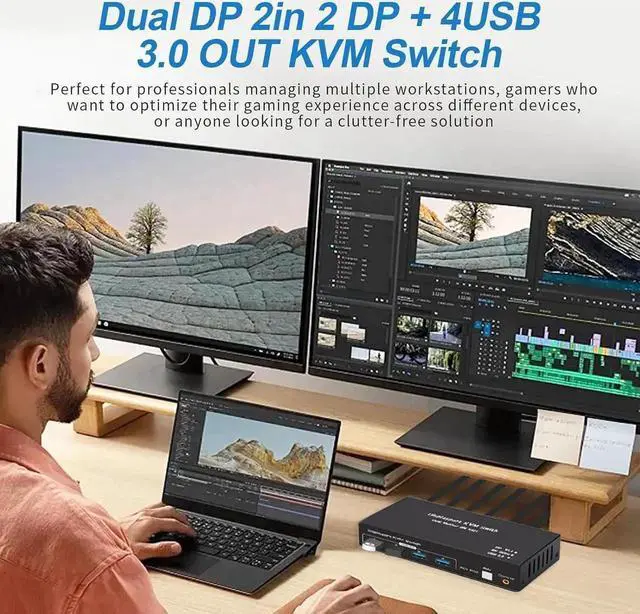 Alt view image 3 of 7 - Vszerda 2 In 2 Out DP 1.4 Dual Monitor KVM Switch, USB 3.0 DisplayPort KVM Switch for 2 Computers, 8K@60Hz 4K@144Hz with 4 USB 3.0 Ports