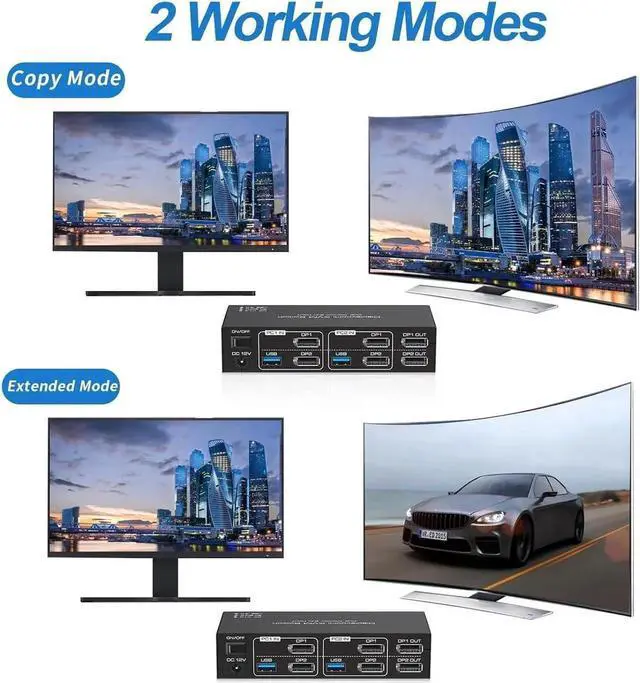 Alt view image 6 of 7 - Vszerda 2 In 2 Out DP 1.4 Dual Monitor KVM Switch, USB 3.0 DisplayPort KVM Switch for 2 Computers, 8K@60Hz 4K@144Hz with 4 USB 3.0 Ports