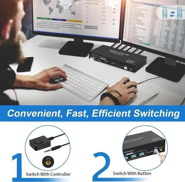 Alt view image 7 of 7 - Vszerda 2 In 2 Out DP 1.4 Dual Monitor KVM Switch, USB 3.0 DisplayPort KVM Switch for 2 Computers, 8K@60Hz 4K@144Hz with 4 USB 3.0 Ports