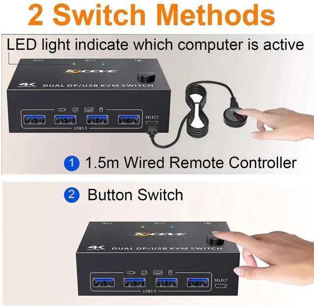 Alt view image 2 of 7 - Vszerda Dual Monitor DisplayPort KVM Switch 2 Computers, 4K@144Hz USB 3.0 KVM Switcher with 4 USB Ports, Wired Remote Control Included
