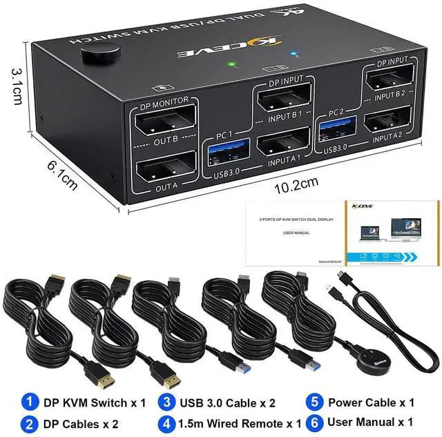 Alt view image 3 of 7 - Vszerda Dual Monitor DisplayPort KVM Switch 2 Computers, 4K@144Hz USB 3.0 KVM Switcher with 4 USB Ports, Wired Remote Control Included