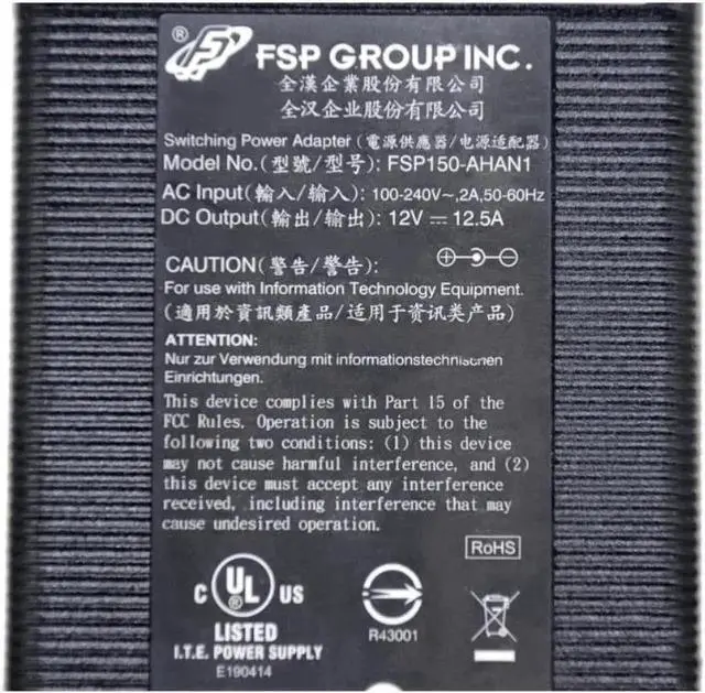 Alt view image 2 of 2 - Vszerda 12V 12.5A 150W AC DC Power Adapter Replacement for FSP FSP150-AHAN1 22000082LF, Compatible with Drobo 5D Thunderbolt Gen3 DDR3A21 Storage Power Supply Charger