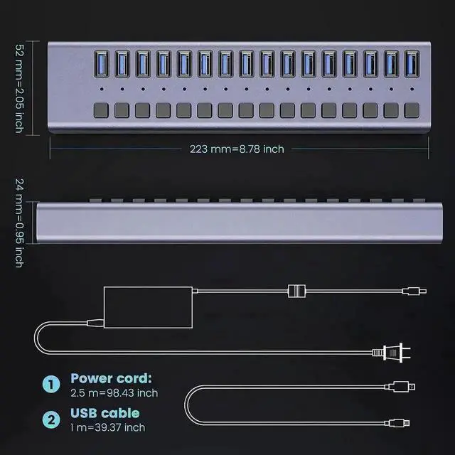 Alt view image 6 of 7 - Vszerda 16-Port Powered USB 3.0 Hub with Individual LED Switches, Data & Charging Hub for Mac & PC