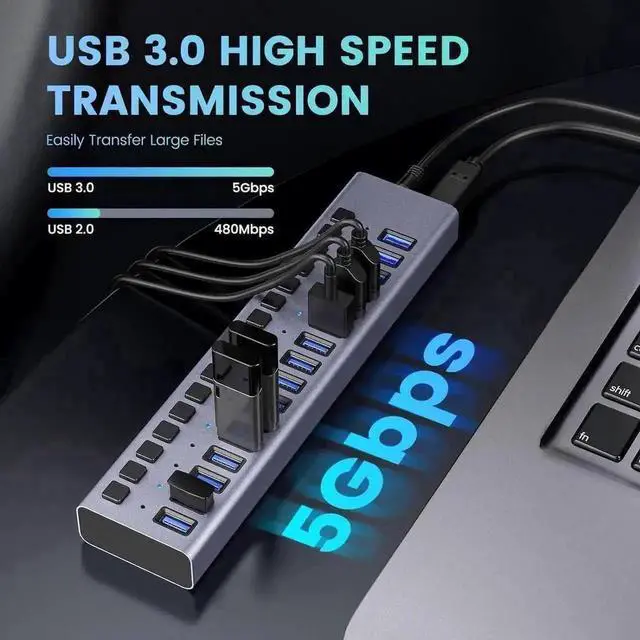 Alt view image 7 of 7 - Vszerda 16-Port Powered USB 3.0 Hub with Individual LED Switches, Data & Charging Hub for Mac & PC