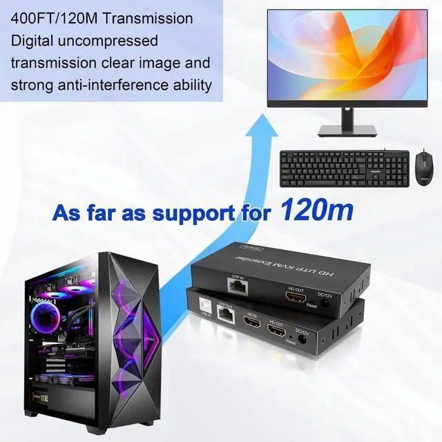 Alt view image 3 of 7 - Vszerda HDMI KVM Extender Over TCP/IP Cat5e/Cat6/Cat6a/Cat7 Up to 60M/200FT, 1080P@60Hz, 2 USB2.0 Ports, Zero Latency, Cross-Platform Plug & Play