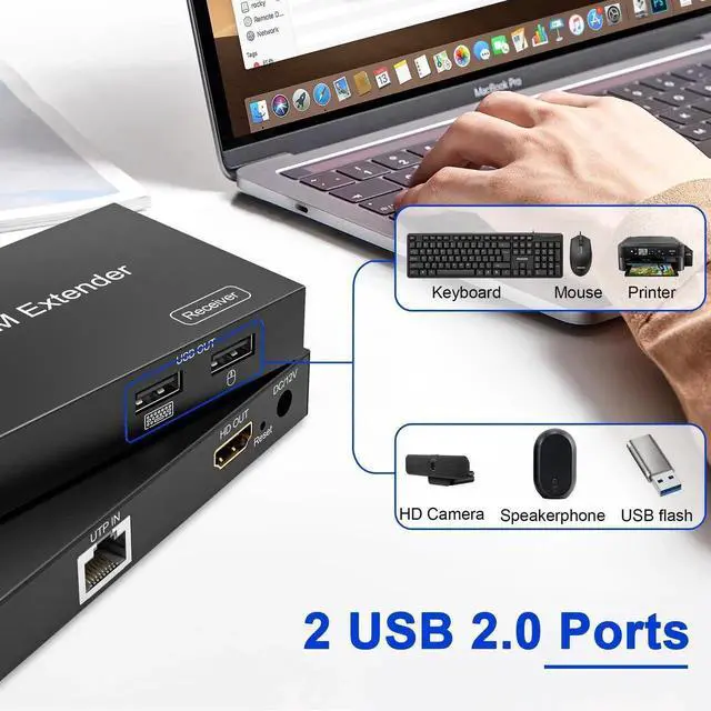 Alt view image 6 of 7 - Vszerda HDMI KVM Extender Over TCP/IP Cat5e/Cat6/Cat6a/Cat7 Up to 60M/200FT, 1080P@60Hz, 2 USB2.0 Ports, Zero Latency, Cross-Platform Plug & Play