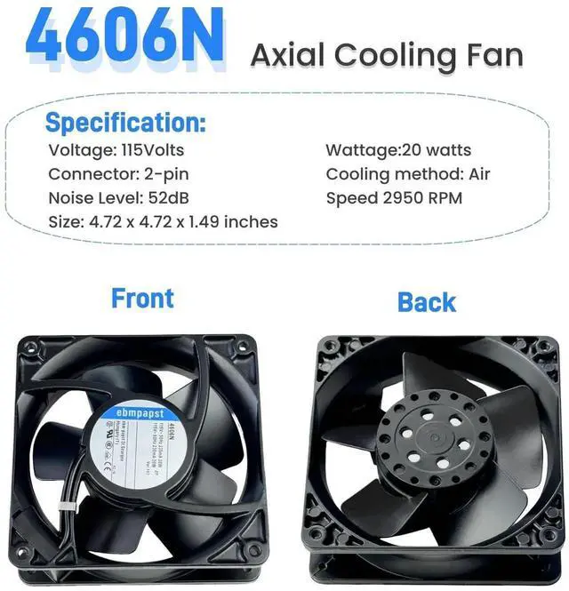 Alt view image 7 of 7 - Vszerda ebmpapst 4606N All Metal High Temp Axial Cooling Fan 120×120×38mm 115V AC 50/60Hz 0.235A 2-Pin Industrial Cabinet Fan