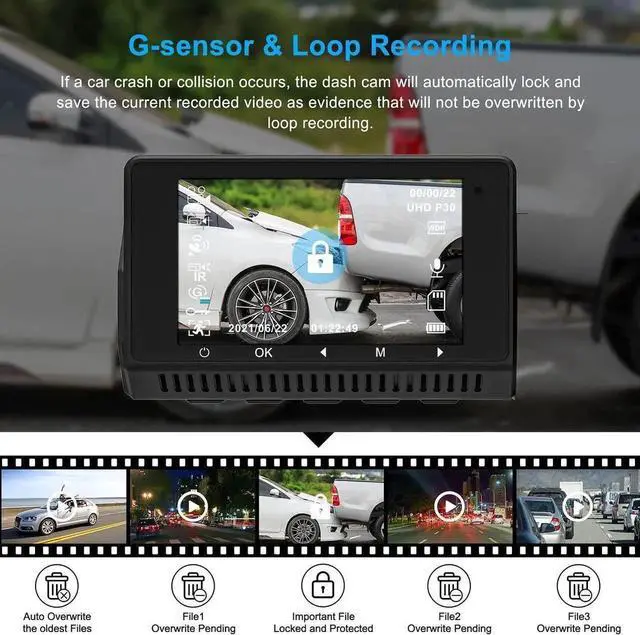Alt view image 2 of 7 - Vszerda 3 Channel Dash Cam, 1080P Front + 720P Inside + 720P Rear Triple Lens Car DVR with 2.45 Inch Screen, HDR Night Vision, 24/7 Parking Monitor, G-Sensor, Loop Recording, Max 64GB TF Card