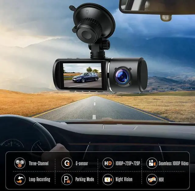Alt view image 3 of 7 - Vszerda 3 Channel Dash Cam, 1080P Front + 720P Inside + 720P Rear Triple Lens Car DVR with 2.45 Inch Screen, HDR Night Vision, 24/7 Parking Monitor, G-Sensor, Loop Recording, Max 64GB TF Card