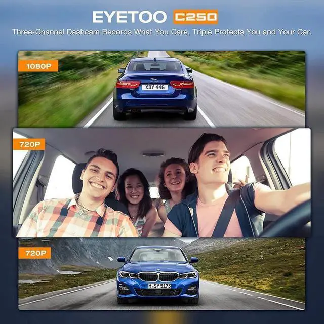 Alt view image 5 of 7 - Vszerda 3 Channel Dash Cam, 1080P Front + 720P Inside + 720P Rear Triple Lens Car DVR with 2.45 Inch Screen, HDR Night Vision, 24/7 Parking Monitor, G-Sensor, Loop Recording, Max 64GB TF Card