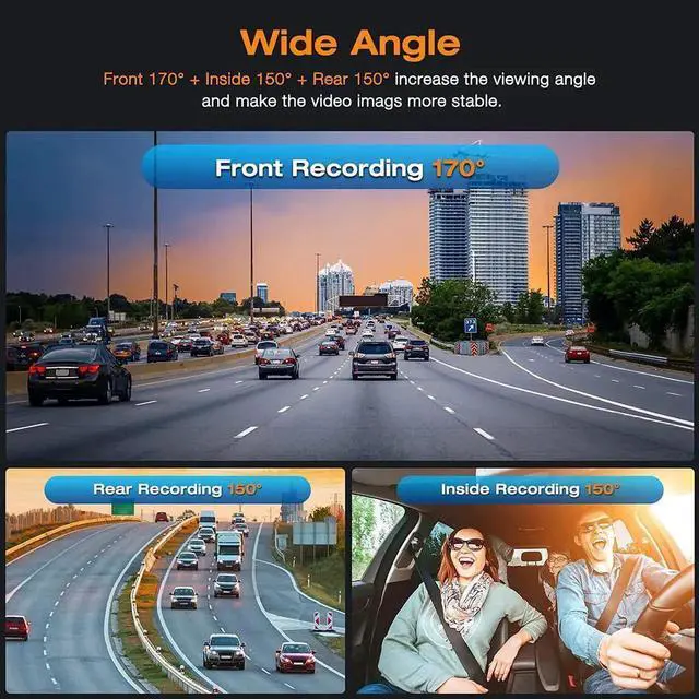 Alt view image 7 of 7 - Vszerda 3 Channel Dash Cam, 1080P Front + 720P Inside + 720P Rear Triple Lens Car DVR with 2.45 Inch Screen, HDR Night Vision, 24/7 Parking Monitor, G-Sensor, Loop Recording, Max 64GB TF Card