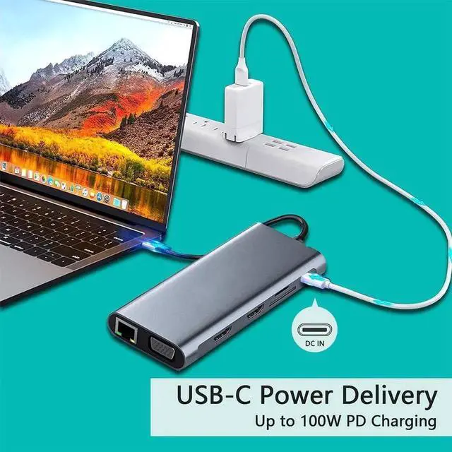 Alt view image 4 of 6 - 12-in-1 USB C Docking Station Triple Display Dock with Dual 4K HDMI, VGA, 100W PD Charging, Gigabit RJ45 Ethernet, USB3.0 Ports, SD TF Card Reader Multiport USB C Hub Adapter for MacBook & Windows Typ