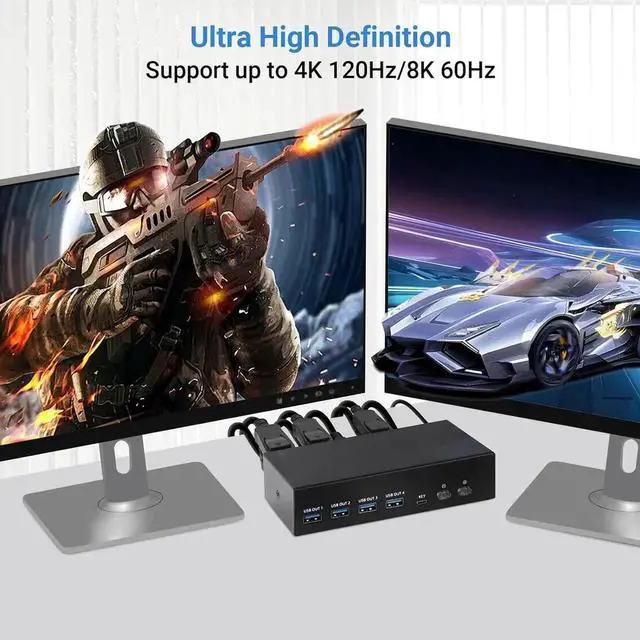 Alt view image 2 of 6 - Vszerda 2 PC Dual Monitor KVM Switch HDMI 2.1 + DP 1.4, 8K@60Hz 4K@120Hz USB 3.0 KVM Switcher, Extended/Mirror Mode, Desktop Controller & Full Cables Included