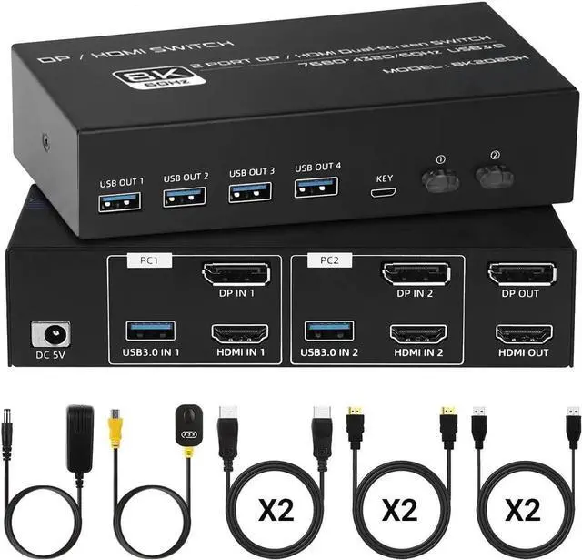 Alt view image 4 of 6 - Vszerda 2 PC Dual Monitor KVM Switch HDMI 2.1 + DP 1.4, 8K@60Hz 4K@120Hz USB 3.0 KVM Switcher, Extended/Mirror Mode, Desktop Controller & Full Cables Included