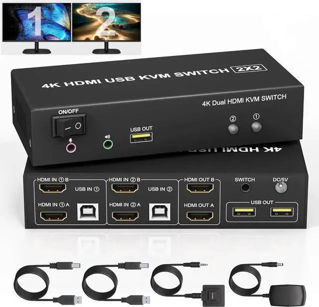 Main image of Vszerda 2 Port Dual Monitor HDMI KVM Switch 4K@60Hz, 2 Computers Share Dual Screens, Audio/Mic Jack & 3 USB Ports, Extended/Mirror Mode Supported