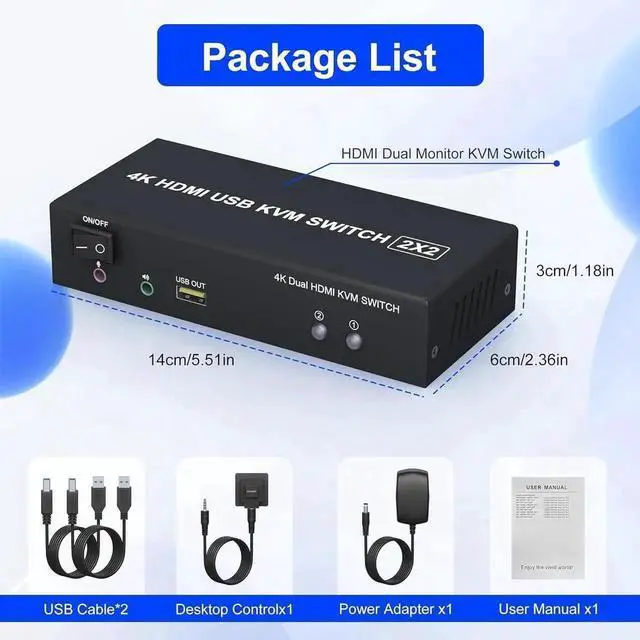 Alt view image 2 of 7 - Vszerda 2 Port Dual Monitor HDMI KVM Switch 4K@60Hz, 2 Computers Share Dual Screens, Audio/Mic Jack & 3 USB Ports, Extended/Mirror Mode Supported