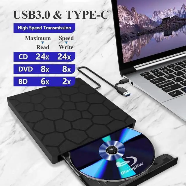 Alt view image 2 of 7 - Vszerda Portable External 3D Blu Ray Drive USB3.0 Type-C BD CD DVD Reader Writer Burner Compatible with Windows MacBook Mac Laptop Desktop PC
