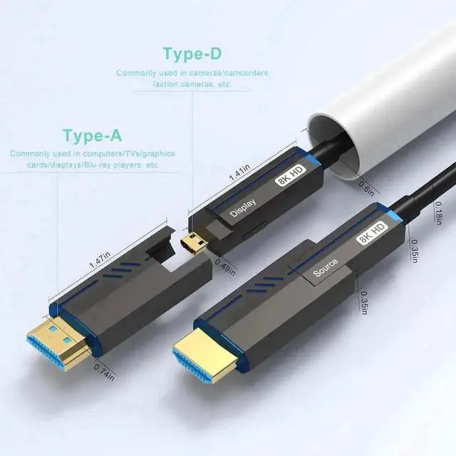 Alt view image 7 of 7 - Vszerda 100FT Male to Male Fiber Optic HDMI 2.1 Cable, 48Gbps 8K@60Hz 4K@120Hz with Standard & Micro HDMI Adapters for PS5 PC HDTV
