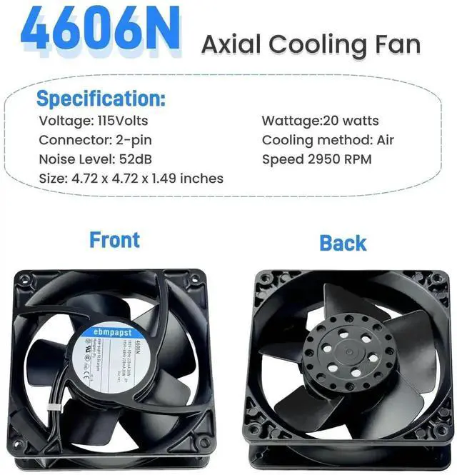 Alt view image 6 of 7 - Vszerda ebmpapst 4606N All-Metal High Temp Resistant Axial Cooling Fan, 120×120×38mm AC 115V 50/60Hz 0.235A 2-Pin Industrial Cabinet Fan
