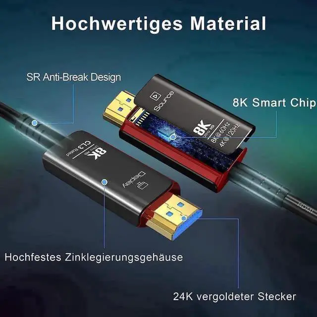 Alt view image 2 of 7 - 100FT Black & Red Slim Flexible Fiber Optic HDMI 2.1 Cable, 48Gbps Ultra High Speed Supports 8K@60Hz 4K@120Hz HDR eARC HDCP 2.3 for RTX3080/3090 Xbox Series X PS4/PS5 LG C9/CX Samsung Q90T TCL Sony TV