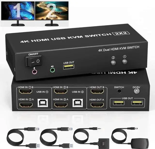 Main image of Vszerda 2x2 Dual Monitor HDMI KVM Switch 4K@60Hz, 2 Port KVM Switcher with Audio Mic & 3 USB Ports, Support Extended & Mirror Mode for 2 PCs Share Two Displays