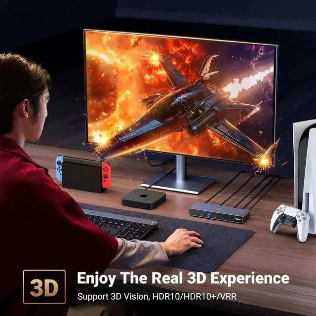 Alt view image 3 of 7 - Vszerda 5 in 1 Out HDMI 2.1 Switch Aluminum, 8K@60Hz 4K@240Hz HDR10+ HDCP2.3 CEC with Power Adapter, Compatible with PS5 Xbox Switch Apple TV Fire Stick Roku