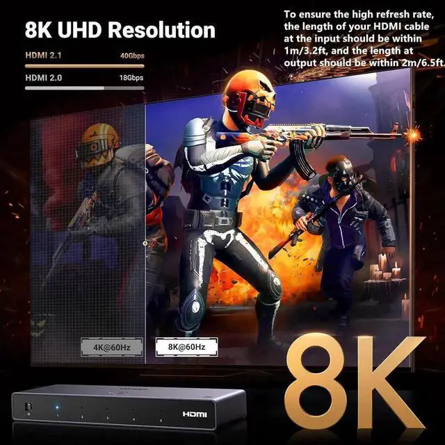 Alt view image 6 of 7 - Vszerda 5 in 1 Out HDMI 2.1 Switch Aluminum, 8K@60Hz 4K@240Hz HDR10+ HDCP2.3 CEC with Power Adapter, Compatible with PS5 Xbox Switch Apple TV Fire Stick Roku