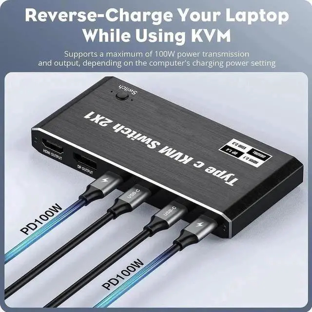 Alt view image 3 of 7 - Vszerda 2x1 USB-C KVM Switch 8K@60Hz 4K@120Hz, Type-C to HDMI/DP KVM Switcher with 100W PD, 3 USB Ports for 2 Laptops Share 1 Monitor, 2 USB-C Cables Included