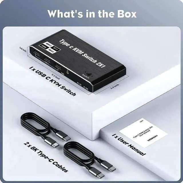 Alt view image 7 of 7 - Vszerda 2x1 USB-C KVM Switch 8K@60Hz 4K@120Hz, Type-C to HDMI/DP KVM Switcher with 100W PD, 3 USB Ports for 2 Laptops Share 1 Monitor, 2 USB-C Cables Included
